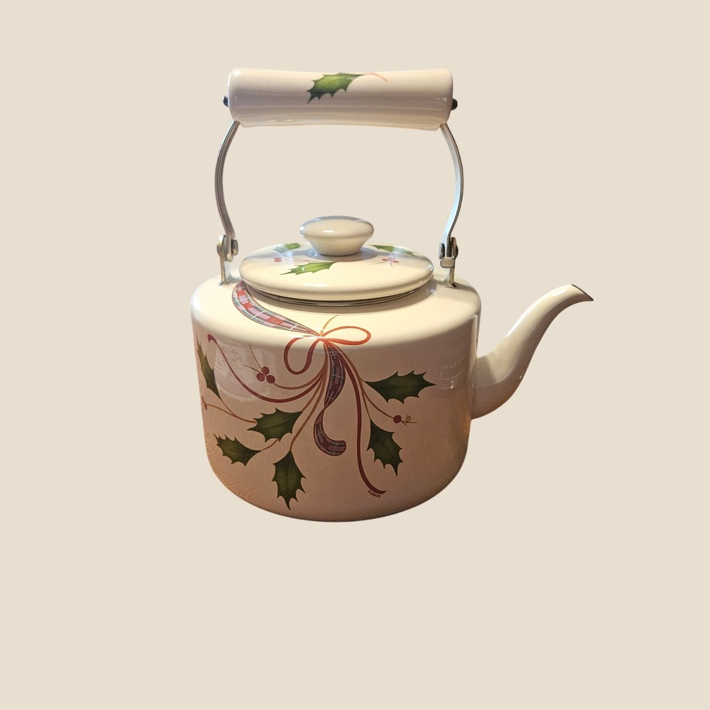 Lenox Holiday Tartan Enamel Tea Kettle Stovetop Pot Holly Plaid White 2.5 Quart